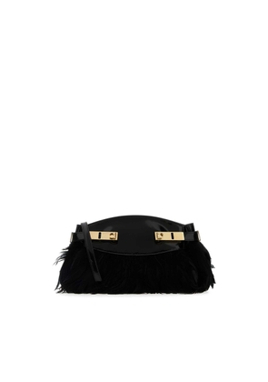 Ferragamo Black Leather And Feathers Hug Clutch