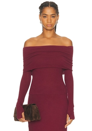 Enza Costa Cashmere Long Sleeve Off Shoulder Top in Barolo - Burgundy. Size L (also in XS, S).