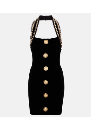 Balmain Faux pearl-embellished velvet minidress