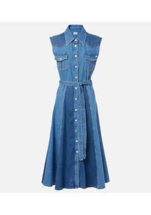 AG Jeans Belted paneled denim midi dress