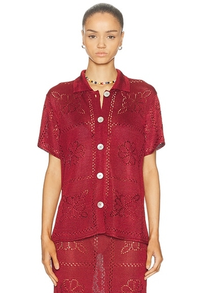 Calle Del Mar Floral Tile Short Sleeve Shirt in Oxblood - Wine. Size L (also in XS, S, M).