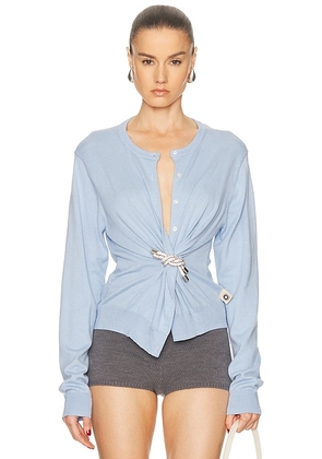 AREA Crystal Knot Cardigan in Pastel Blue - Baby Blue. Size L (also in ).