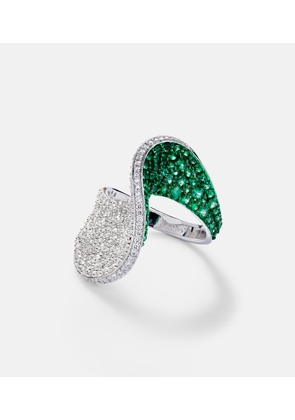 Kamyen 18kt white gold ring with diamonds and emeralds