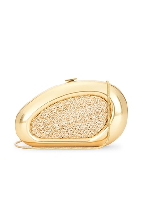SIMKHAI Luna Raffia Oval Clutch in Natural - Metallic Gold,Neutral. Size all.