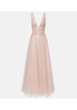 Costarellos Floral-applique tulle gown