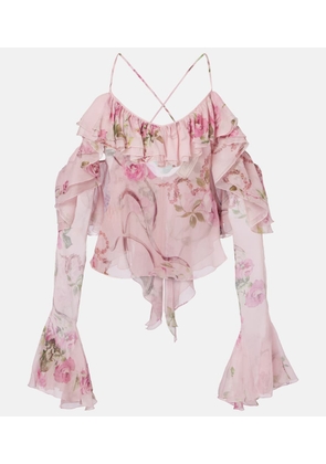 Blumarine Ruffle-trimmed floral silk top