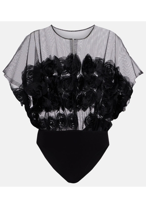 Norma Kamali Floral-applique semi-sheer bodysuit
