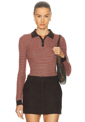Guest In Residence Chevron Long Sleeve Shrunken Polo Top in Burnt Cocoa Combo - Brown. Size L (also in S, M, XL).