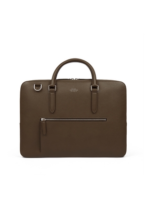 Smythson Slim Briefcase With Zip Front In Ludlow In Dark Olive