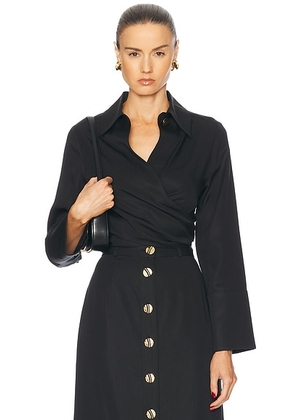 MATTHEW BRUCH Collared Long Sleeve Wrap Top in Black Tencel - Black. Size 8 (also in ).