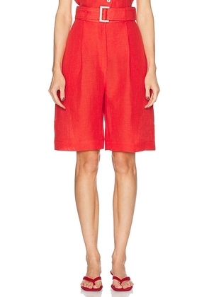 MATTHEW BRUCH Pleated Bermuda Short in Red Linen - Red. Size 0 (also in 2, 4, 6, 8).