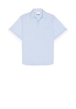 Le Père Double Short Sleeve Button Down Shirt in Blue in Blue Stripe - Blue. Size L (also in S, M).