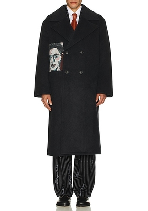 KidSuper Jacquard Patches Wool Overcoat in Navy - Black. Size L (also in S, M).