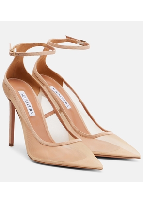 Aquazzura Love Affair 105 suede-trimmed mesh pumps