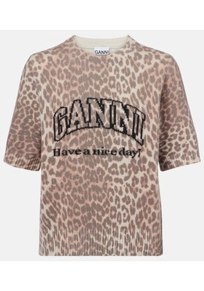 Ganni Logo leopard-print wool-blend top