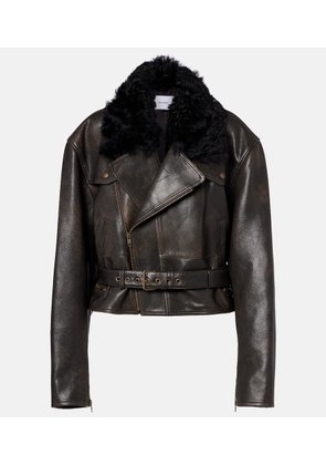 Alex Perry Shearling-trimmed cropped leather biker jacket