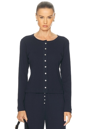LESET Pointelle Classic Crew Cardigan in Midnight - Navy. Size L (also in XS, S, XL).