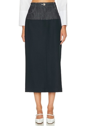 MATTHEW BRUCH Denim Combo Midi Skirt in Undone Indigo Denim - Blue. Size 0 (also in 2, 4, 8).