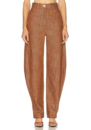 MATTHEW BRUCH High Waist Barrel Leg in Brown Denim - Brown. Size 4 (also in ).