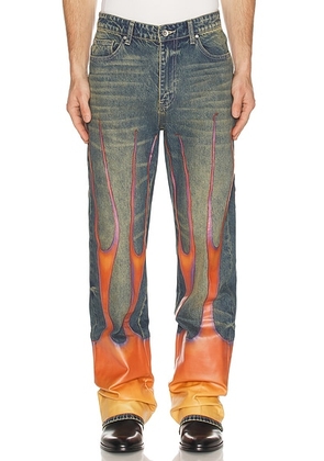 Who Decides War by Ev Bravado Flame Denim Pants in Denim & Multi - Blue. Size 30 (also in 32, 34, 36, 38).