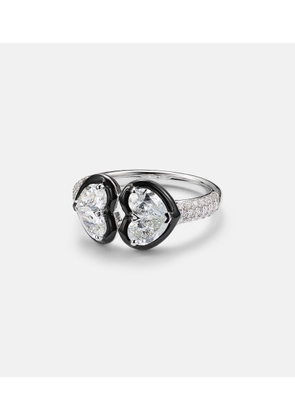 Kamyen Twin Heart 18kt white gold and enamel ring with diamonds