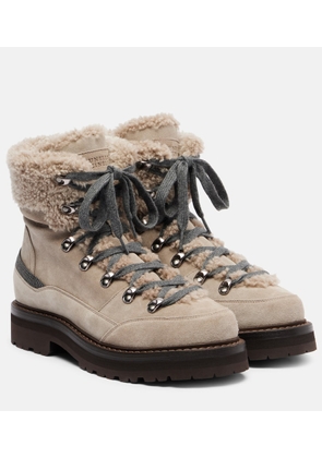 Brunello Cucinelli Shearling-trimmed suede lace-up boots