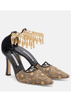 Manolo Blahnik Harnicus 105 leather-trimmed lace pumps