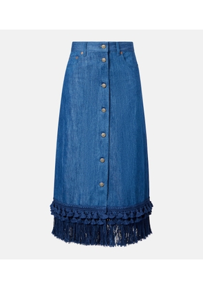 Valentino Fringed denim midi skirt