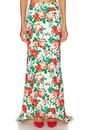 Rowen Rose Sable Printed Low Waist Long Skirt in Cream & Red Roses - Cream. Size 34 (also in ).