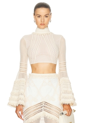 PatBO Woven Bell Sleeve Cropped Top in Wheat - Cream. Size 0 (also in 2).