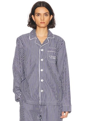 Sporty & Rich X Le Bristol Paris Faubourg Pajama Top in Navy & White - Navy. Size L (also in S, XS).