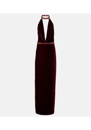 Costarellos Draped embellished halterneck velvet gown