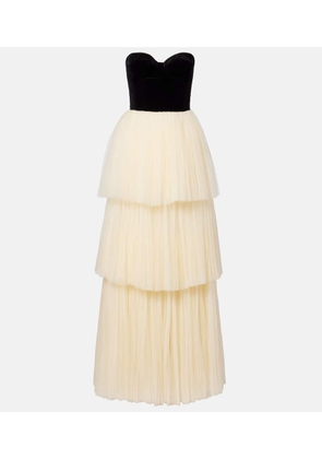 Costarellos Plisse velvet-trimmed tulle gown
