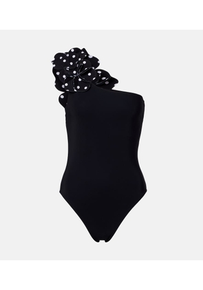 Karla Colletto Aria floral-appliques one-shoulder swimsuit