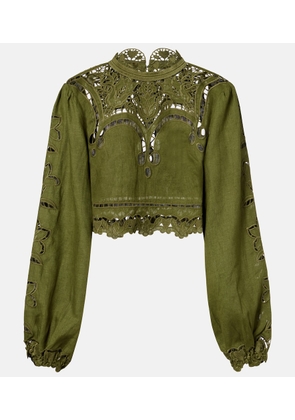 Farm Rio Floral lace-trimmed linen blouse