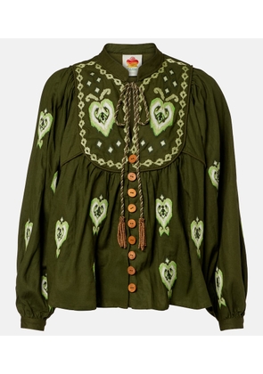 Farm Rio Embroidered linen-blend blouse