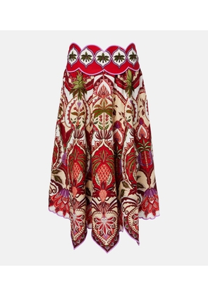 Farm Rio Odara Red scalloped linen-blend midi skirt