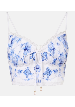 Camilla Printed lace-trimmed linen bra top
