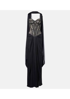 Monique Lhuillier Scarf-detail draped lace gown