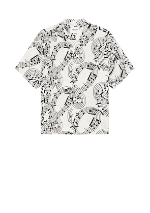 TAKAHIROMIYASHITA The Soloist Music Note Hawaiian Shirt in White & Black - White. Size 48 (also in 50, 52).