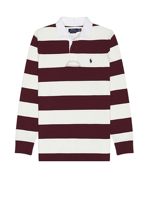 Polo Ralph Lauren Long Sleeve Iconic Rugby Polo in Wine & Trophy Cream - Red. Size L (also in ).