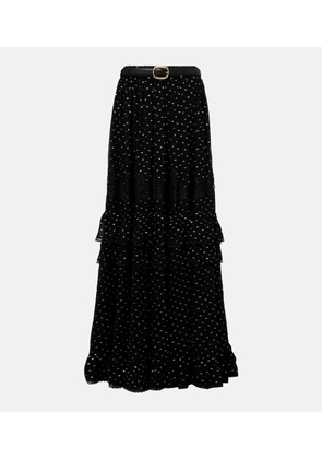 Self-Portrait Lace-trimmed polka-dot chiffon maxi skirt