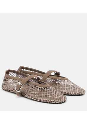 Alaia Embellished suede-trimmed fishnet ballet flats