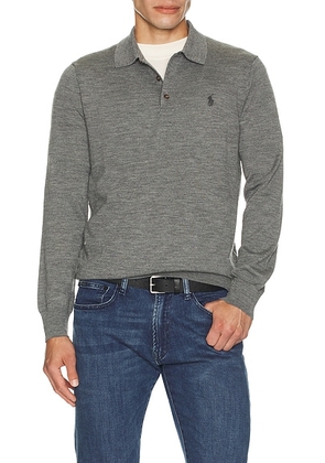 Polo Ralph Lauren Merino Wool Button Placket Polo Sweater in Fawn Grey Heather - Grey. Size L (also in M, S, XL/1X, XS).
