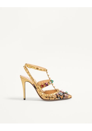 Valentino Garavani Rockstud Pumps With Straps In Jacquard Apres L'Hiver Fabric With Crystals 100Mm Woman GOLD 35.5