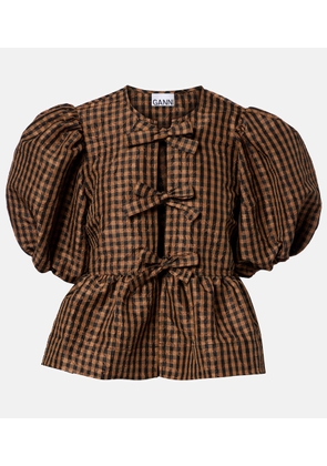 Ganni Bow-detail checked peplum blouse