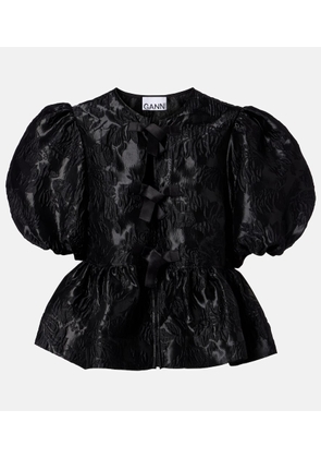 Ganni Bow-detail floral peplum satin blouse