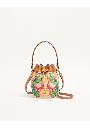 Valentino Garavani Vlogo Signature Mini Bucket Bag In Raffia With Floral Embroidery Woman MULTICOLOUR/CAMEL UNI