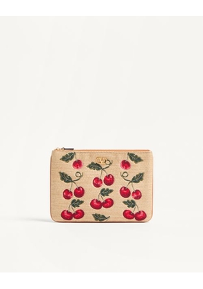 Valentino Garavani Vlogo Signature Pouch In Jacquard Raffia With Cherryfic Pattern Woman NATURAL/RED UNI