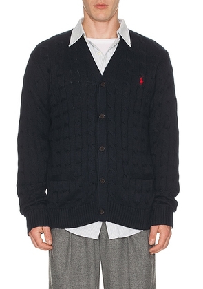 Polo Ralph Lauren Cotton Cable V-Neck Cardigan Sweater in Hunter Navy - Blue. Size L (also in XL/1X, XXL/2X).